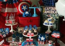 dulceros y mesa de dulces capitan america para cumpleaños