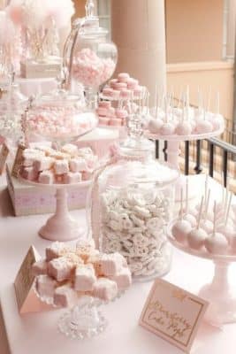 decoracion de mesa de dulces para boda en rosa