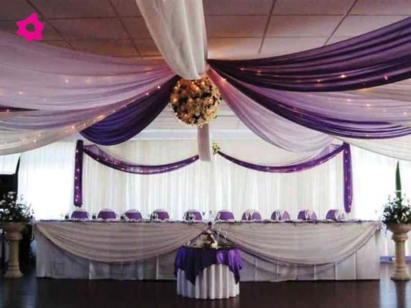 decoración de bodas con telas para techos cintas