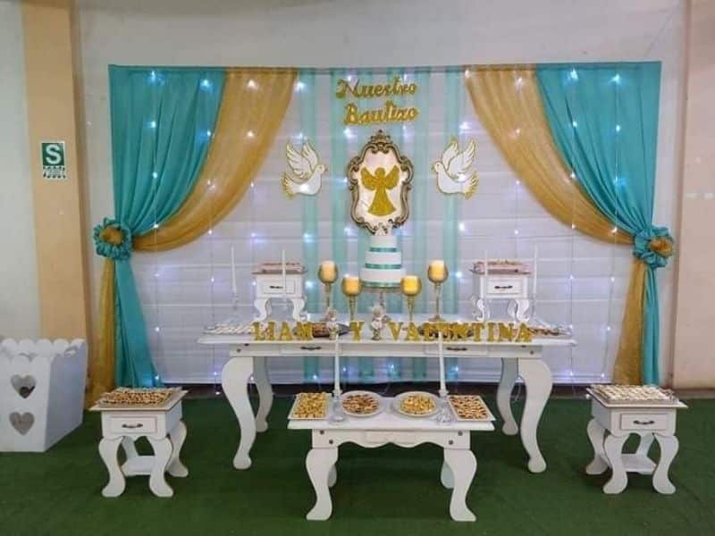 decoración con telas para bautizo mesas de dulces